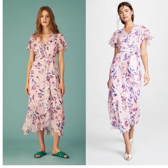 TANYA TAYLOR Pink Floral Silk Wrap Short Sleeve Ruffle V-Neck Midi Dress Size 20 - Picture 1 of 14
